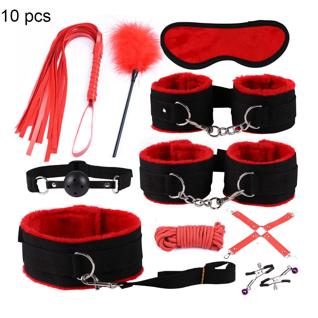 Sexy Leather BDSM Kits Plush Sex Bondage Set Handcuffs Sex Games Whip Gag Nipple Clamps Sex Toys For