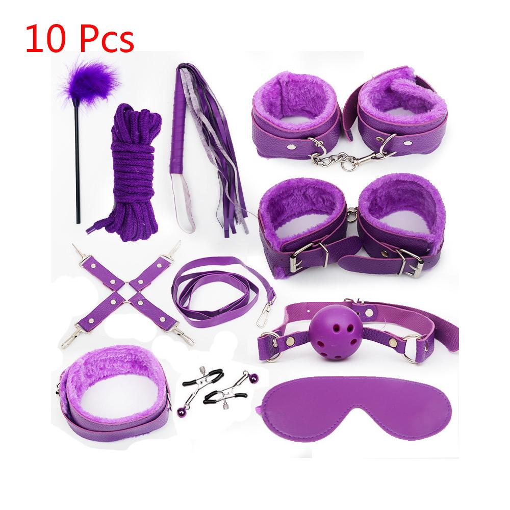 Sexy Leather BDSM Kits Plush Sex Bondage Set Handcuffs Sex Games Whip Gag Nipple Clamps Sex Toys For