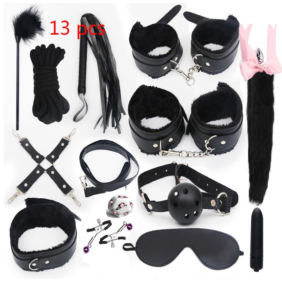 Sexy Leather BDSM Kits Plush Sex Bondage Set Handcuffs Sex Games Whip Gag Nipple Clamps Sex Toys For