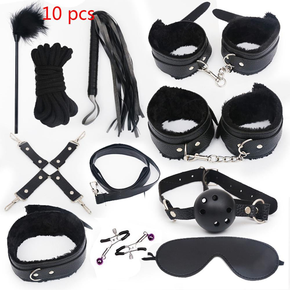 Sexy Leather BDSM Kits Plush Sex Bondage Set Handcuffs Sex Games Whip Gag Nipple Clamps Sex Toys For