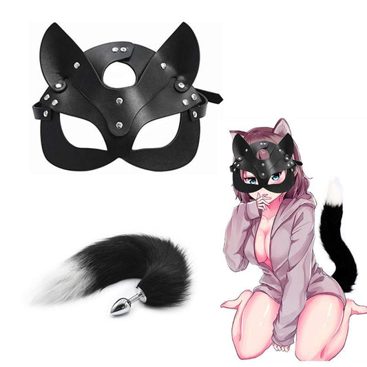 Sex Toys for Woman Cosplay Fox Mask Tail Anal Plug Metal Anus Butt Plug Mask Half Cat Mask Party