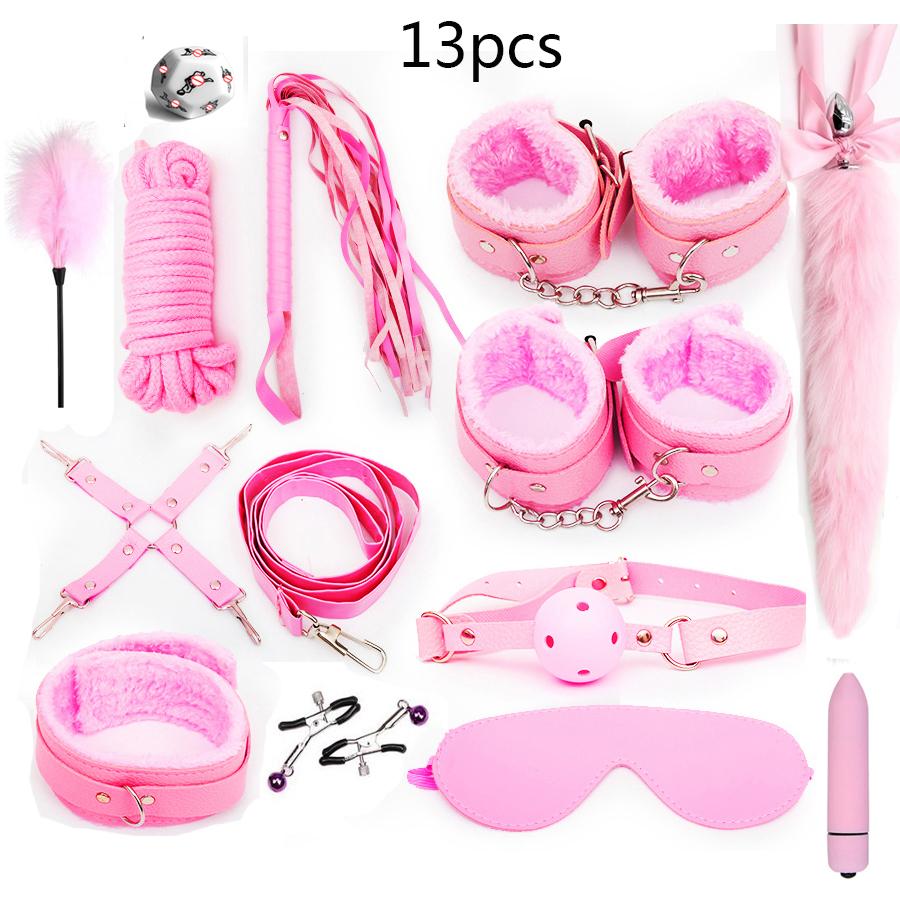 Sexy Leather BDSM Kits Plush Sex Bondage Set Handcuffs Sex Games Whip Gag Nipple Clamps Sex Toys For